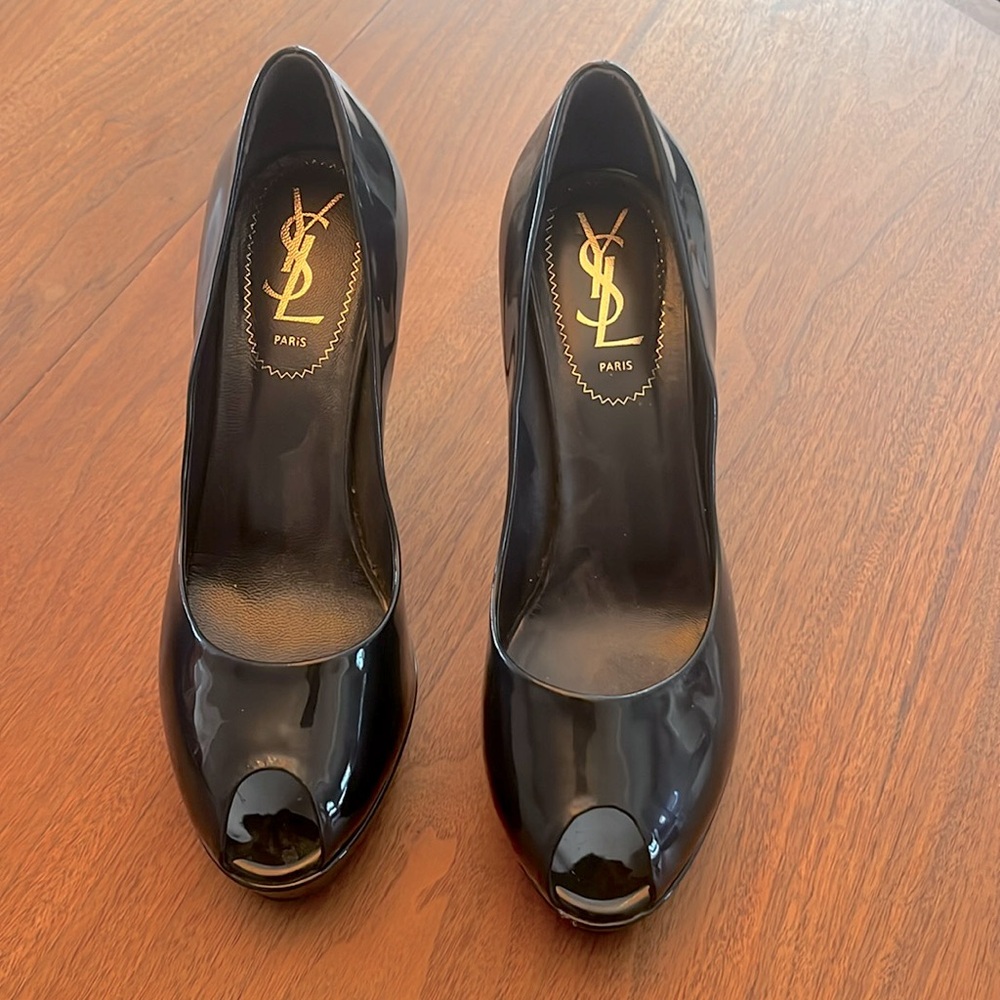 YSL Navy Patent Peep Toe Heels